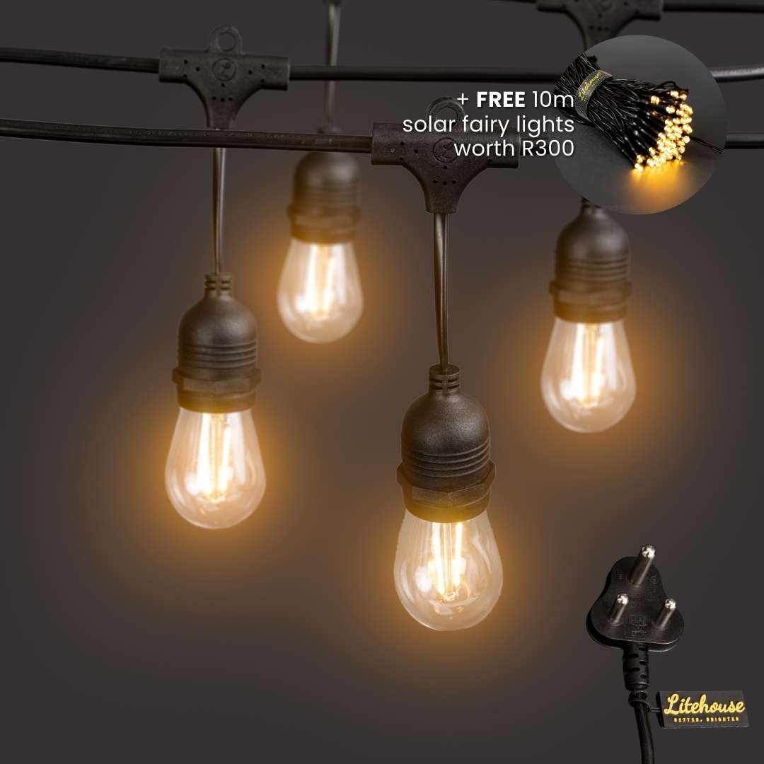 Litehouse Plug-In Festoon Outdoor Bulb String Lights + FREE Solar Fairy Lights