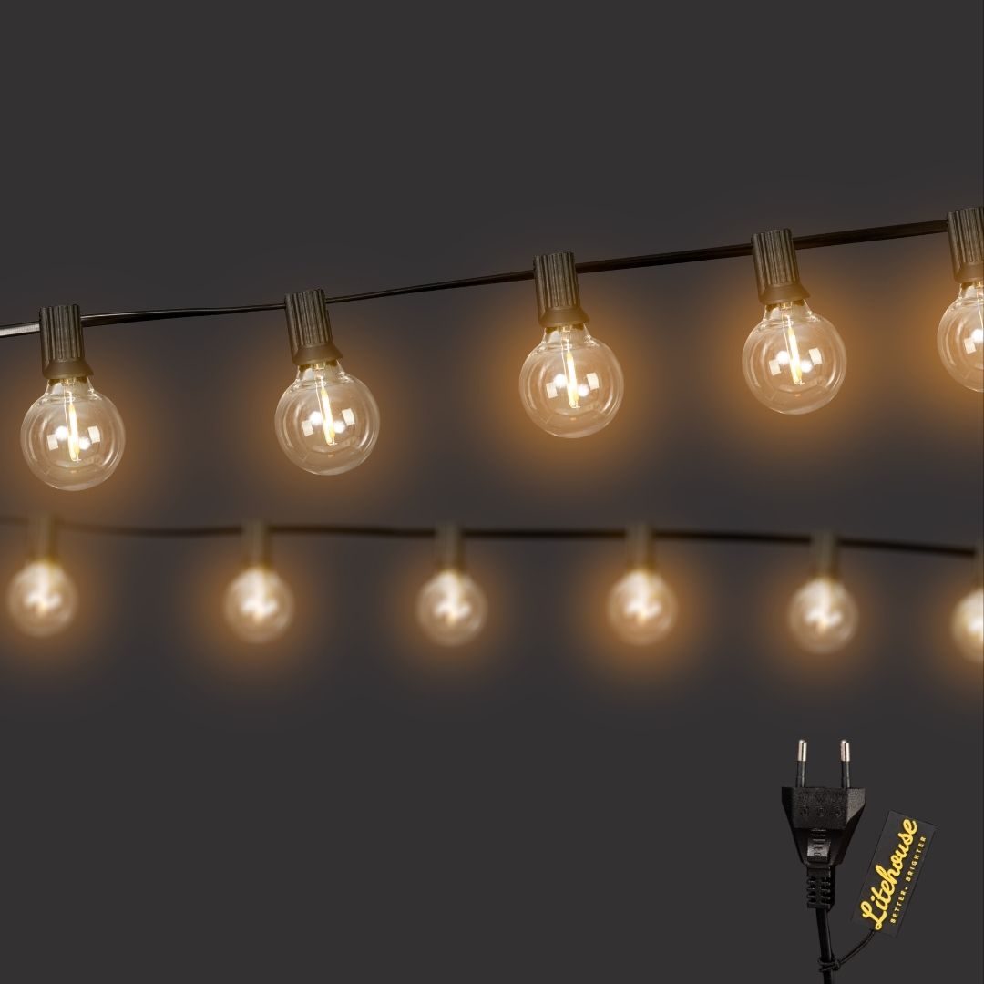 Litehouse Plug-In Mini Outdoor Bulb String Lights - Classic LED Bulbs, Black