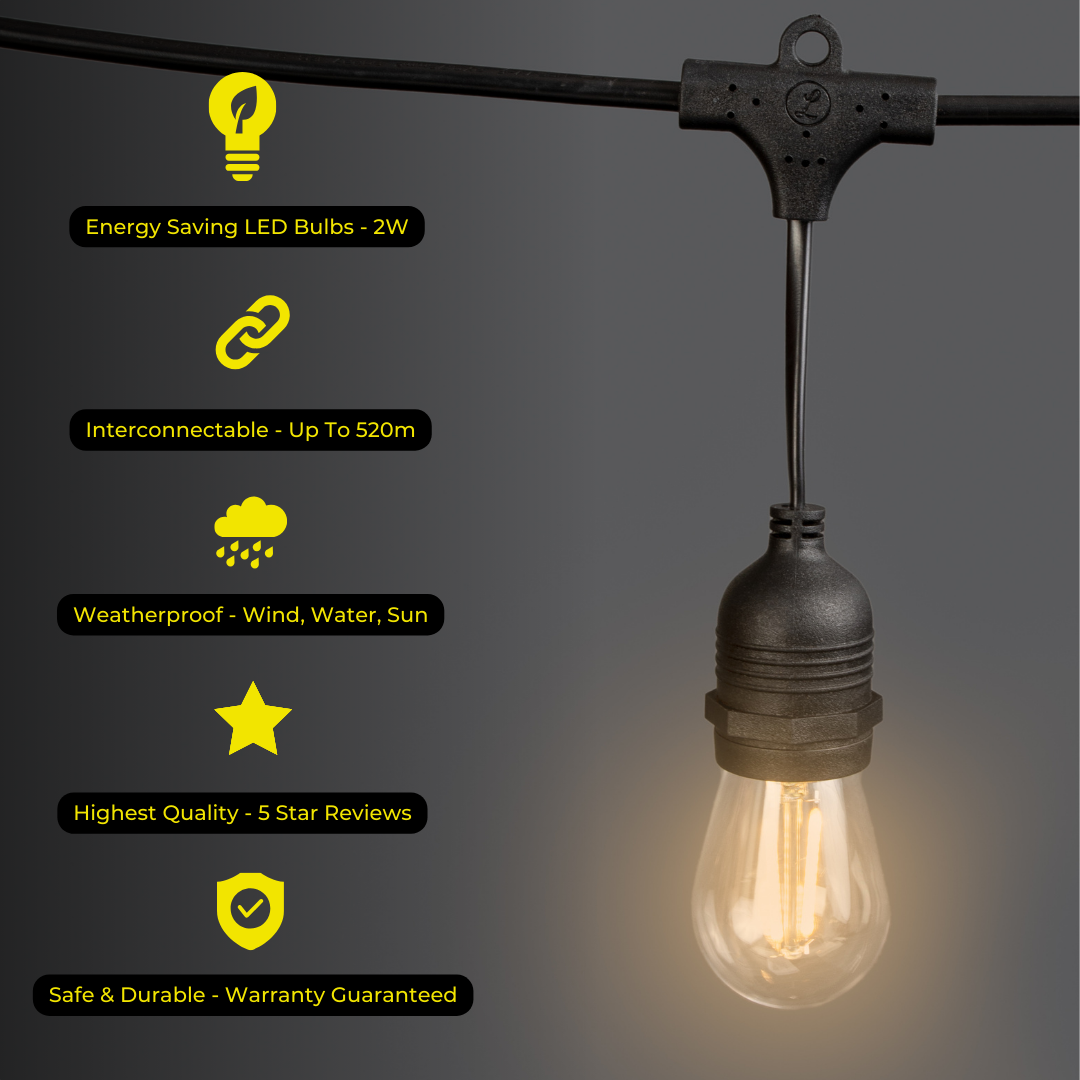 Litehouse LED Festoon Outdoor Bulb String Lights - Traditional Bulb - 220-240V - Black String