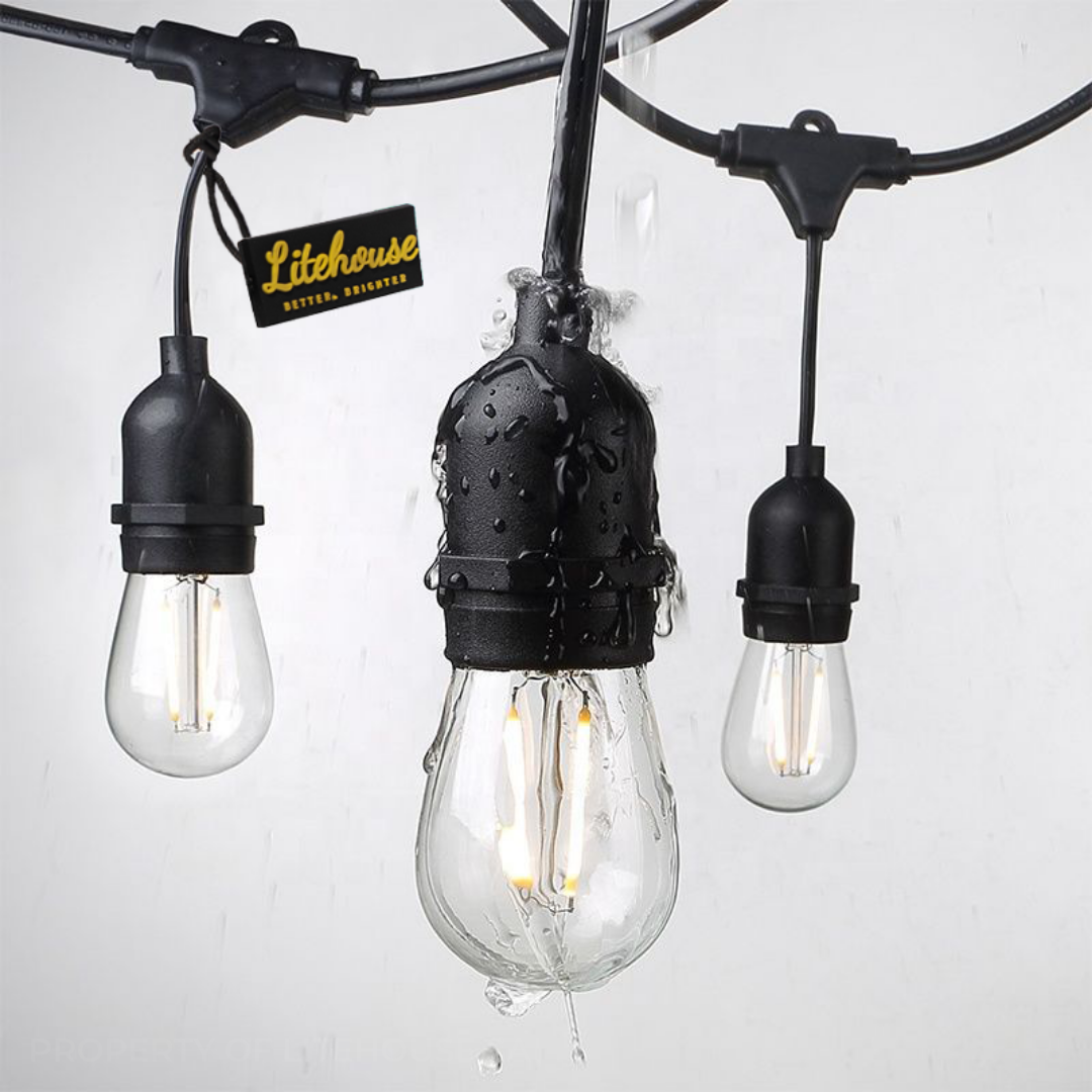 Litehouse LED Festoon Outdoor Bulb String Lights - Traditional Bulb - 220-240V - Black String