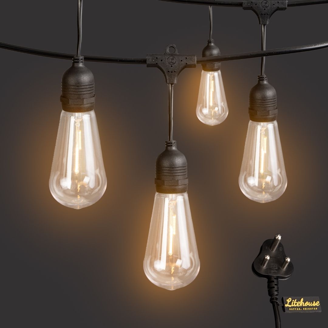 Litehouse Plug-In Festoon Outdoor Bulb String Lights - Vintage LED Bulb, Black
