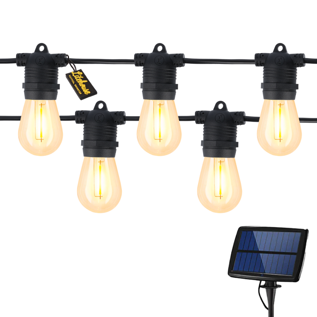 Litehouse Solar LED Festoon Outdoor Bulb String Lights - Traditional Bulb - 5V - Black String
