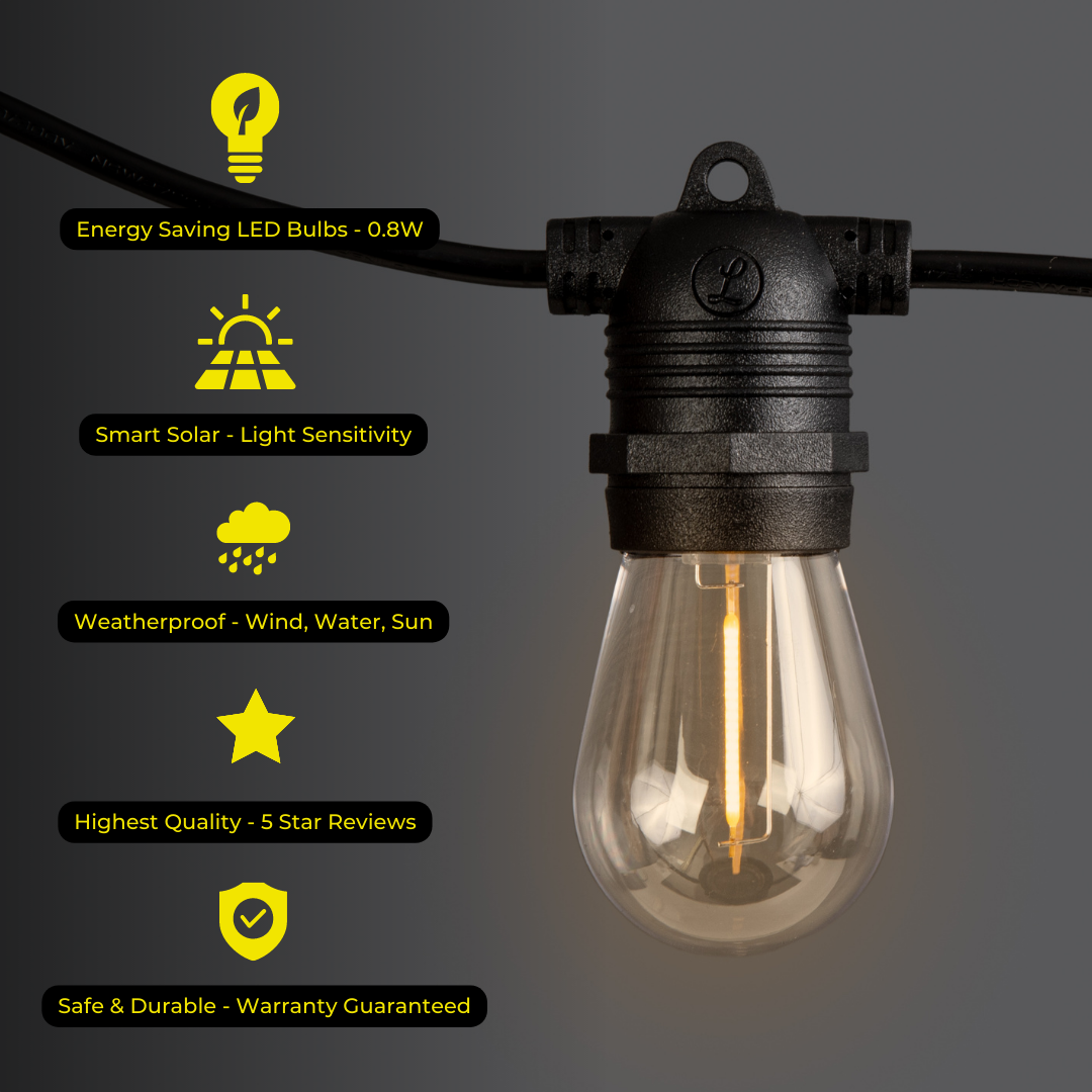 Litehouse Solar LED Festoon Outdoor Bulb String Lights - Traditional Bulb - 5V - Black String
