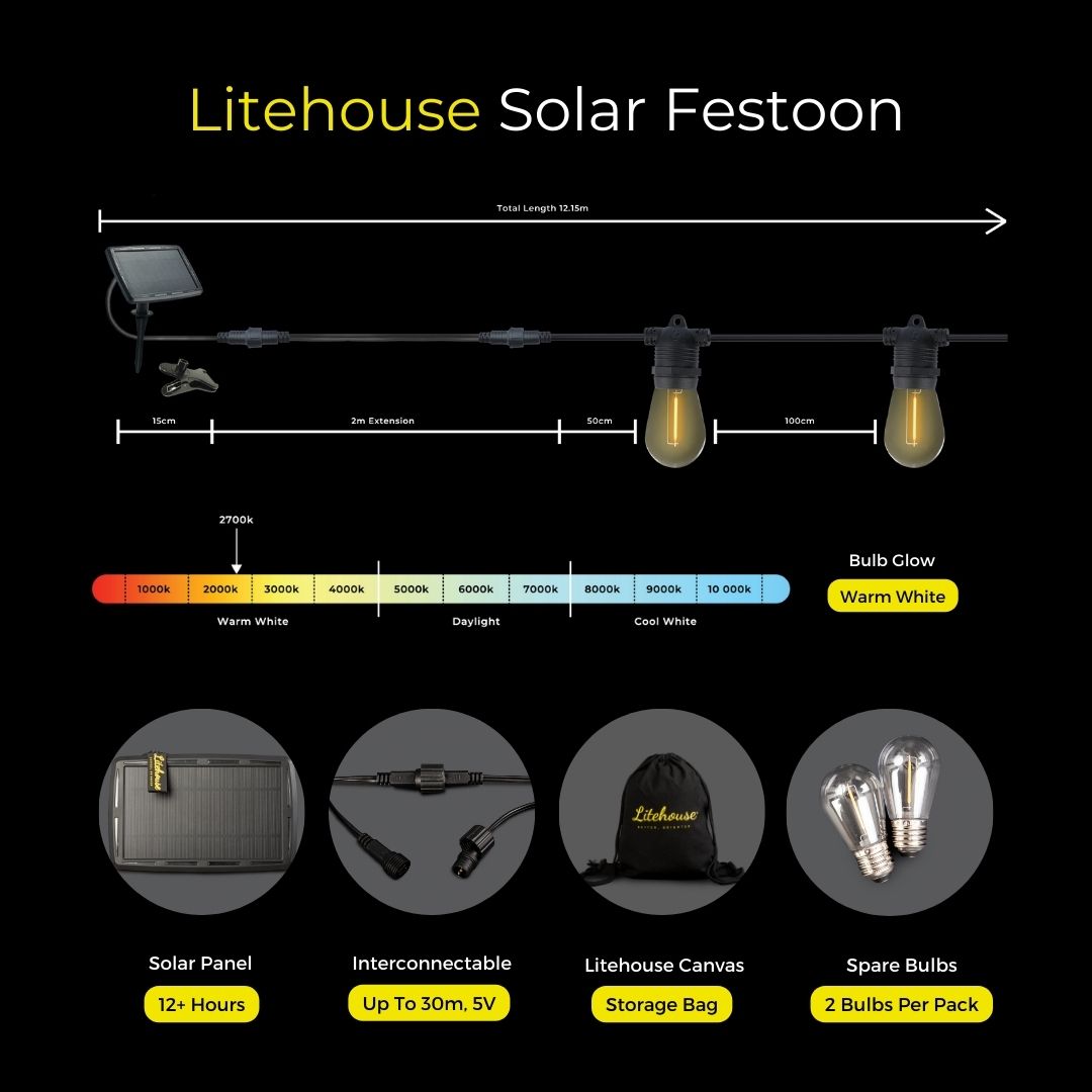 Litehouse Solar LED Festoon Outdoor Bulb String Lights - Traditional Bulb - 5V - Black String