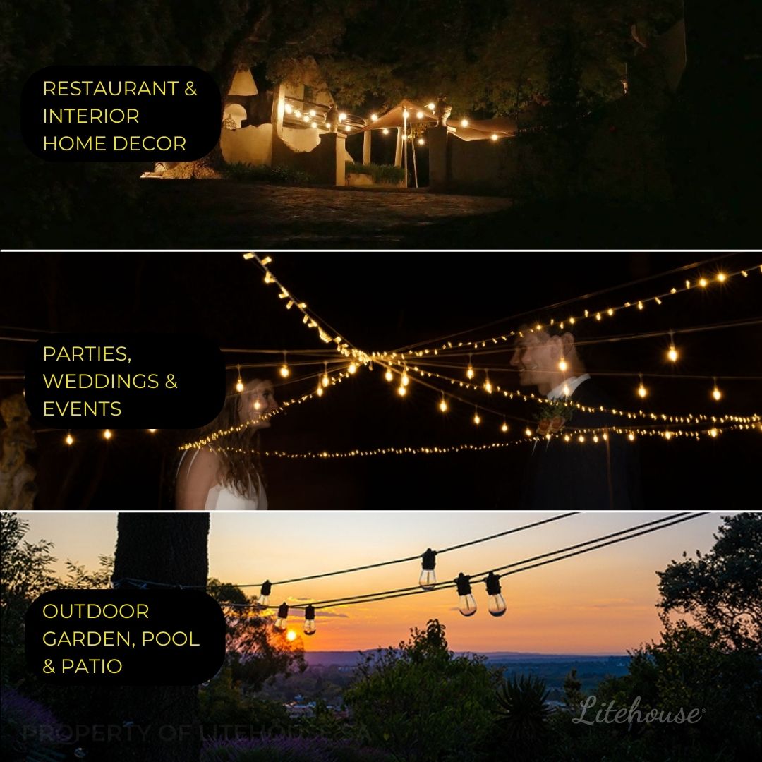 Litehouse Solar LED Festoon Outdoor Bulb String Lights - Traditional Bulb - 5V - Black String