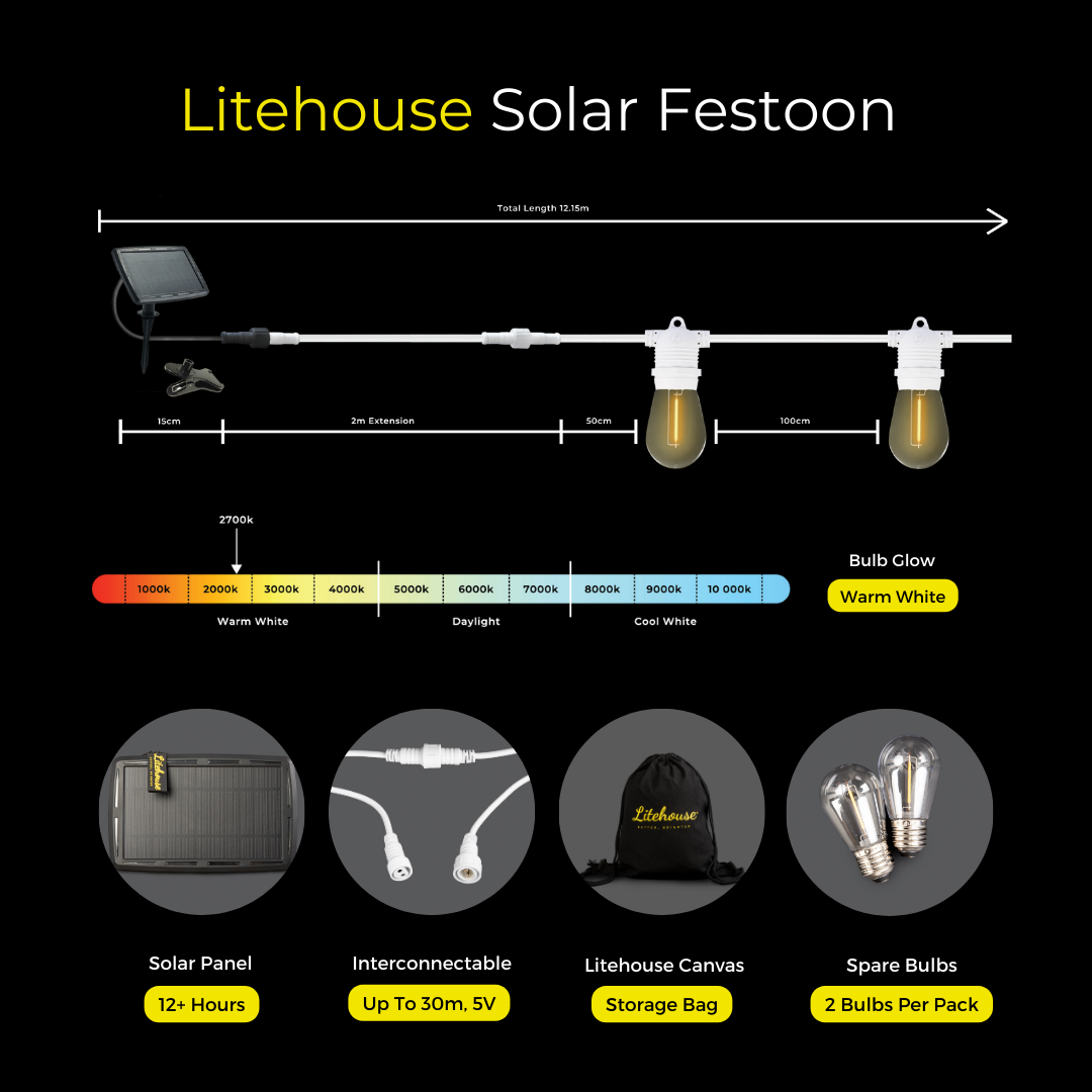 Litehouse Solar Festoon Outdoor Bulb String Lights - Traditional LED Bulbs, White