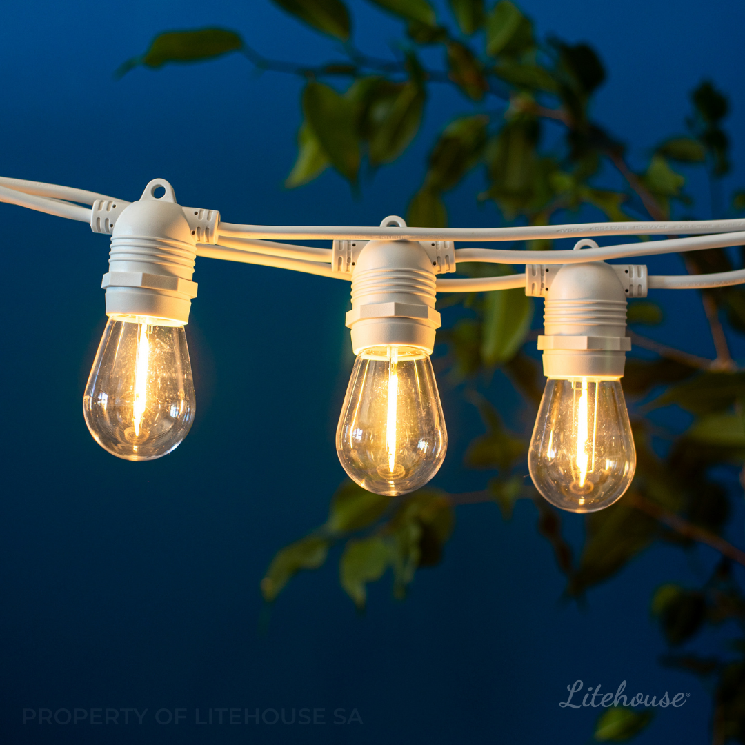 Litehouse Solar LED Festoon Outdoor Bulb String Lights - Traditional Bulb - 5V - White String