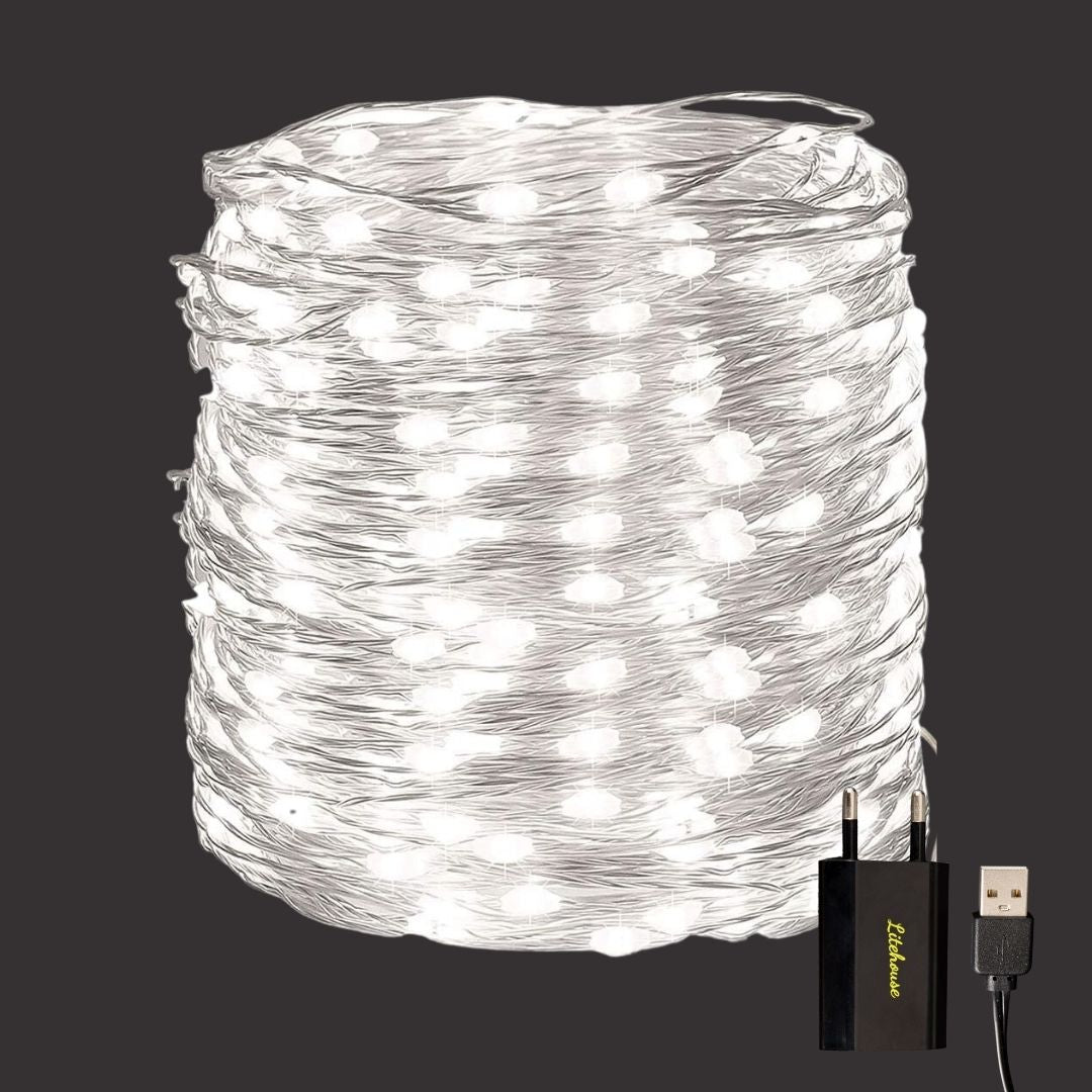 Litehouse USB LED Fairy Lights - Pure White Glow, Silver Wire