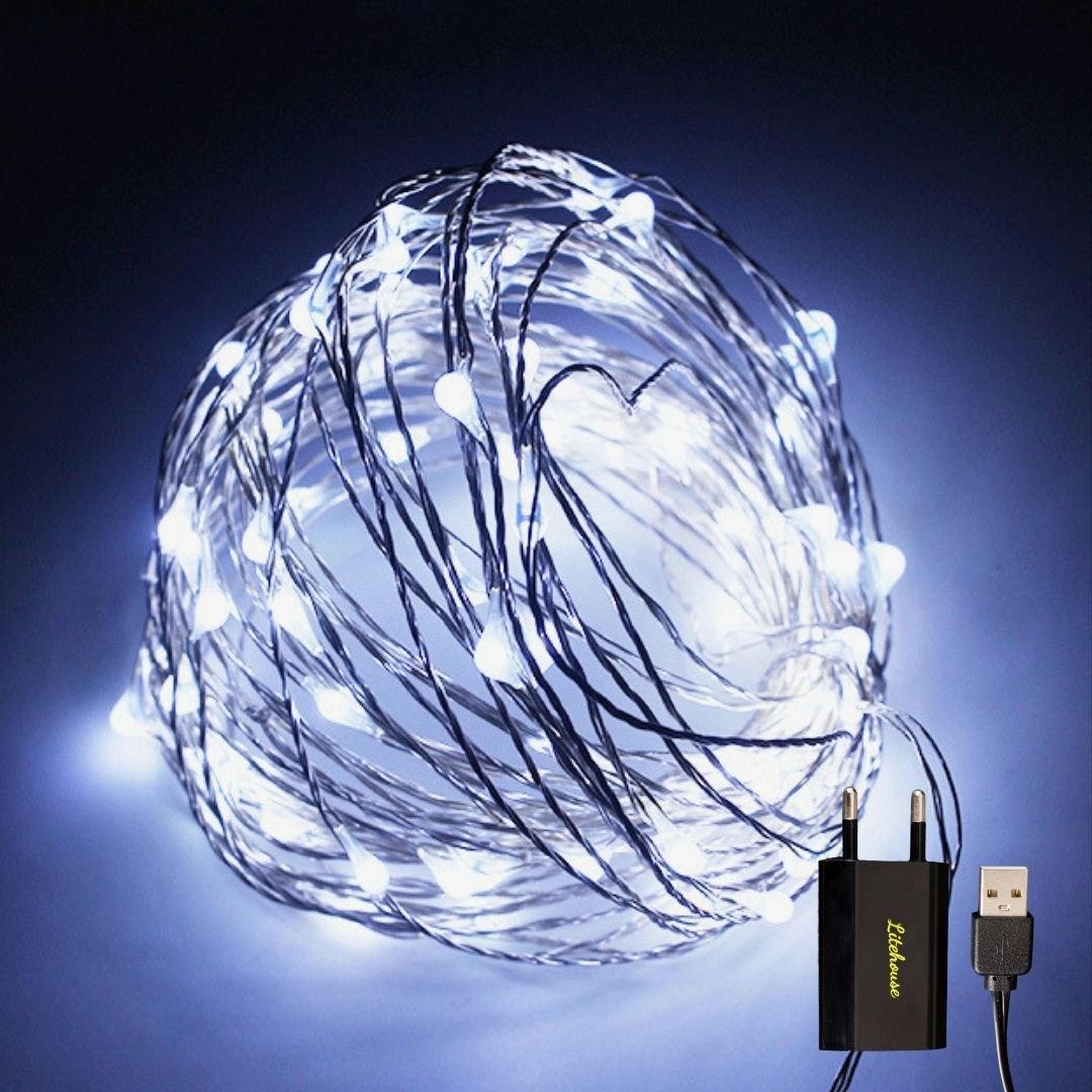 Litehouse USB LED Fairy Lights - Pure White Glow, Silver Wire