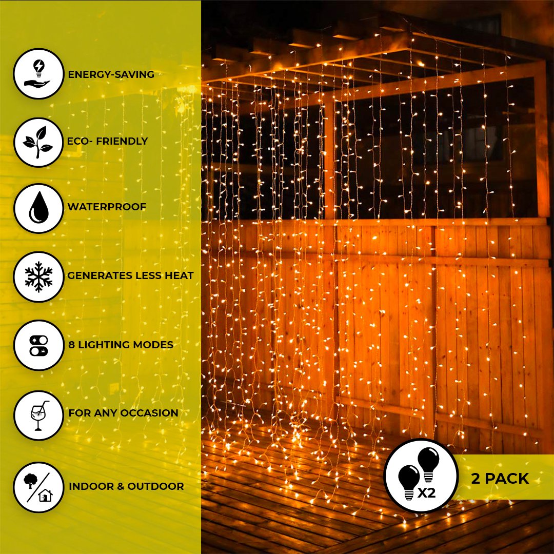 Litehouse 3x3m Copper Wire Curtain Fairy Lights - 300 Warm White LED - Litehouse