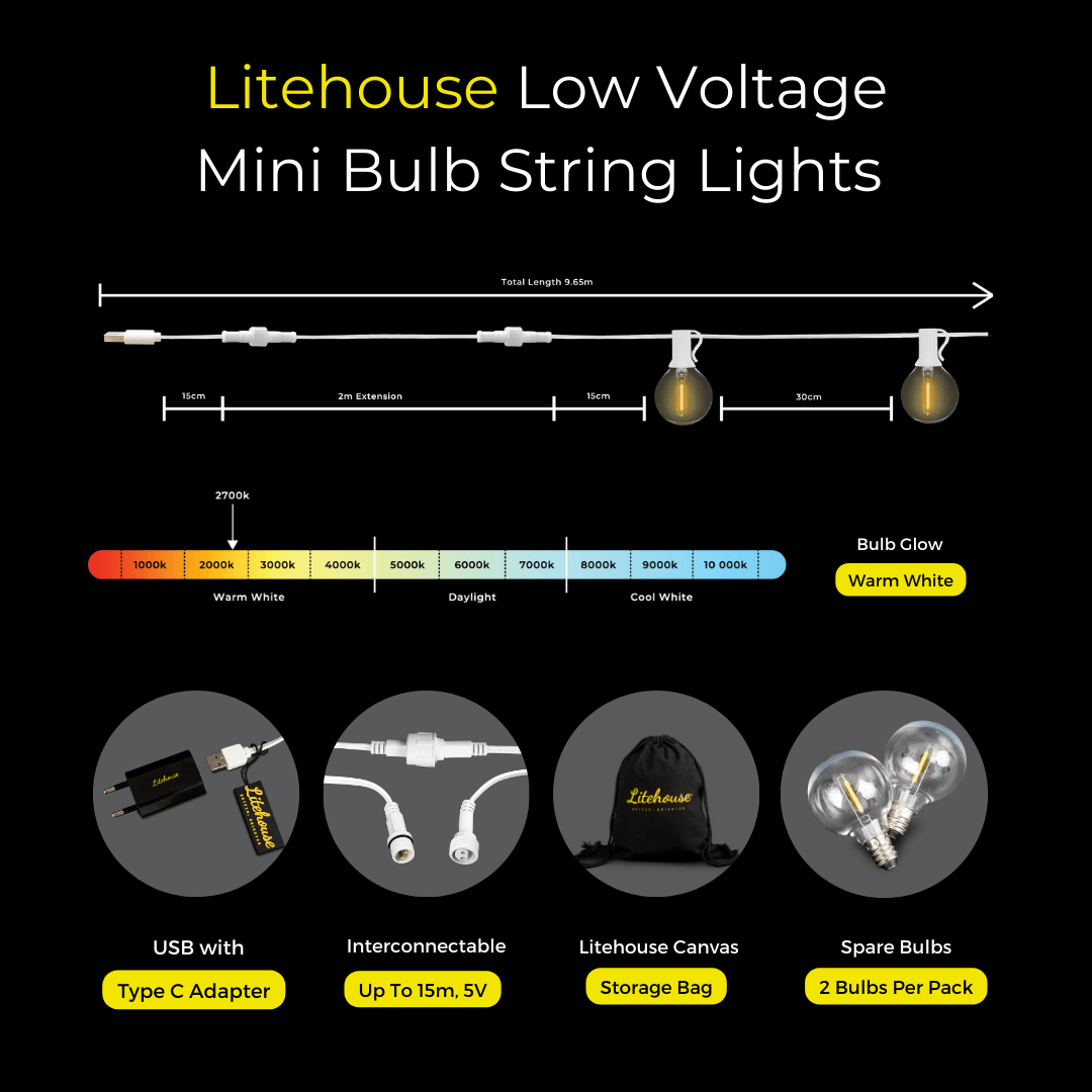 Litehouse LED Classic Bulb String Lights - Low Voltage - 5V - White String - Litehouse