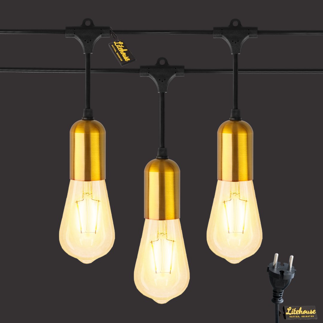 Litehouse LED Vintage Festoon Gold Socket Bulb String Light - Vintage Bulb - 220-240V - Black String - Litehouse