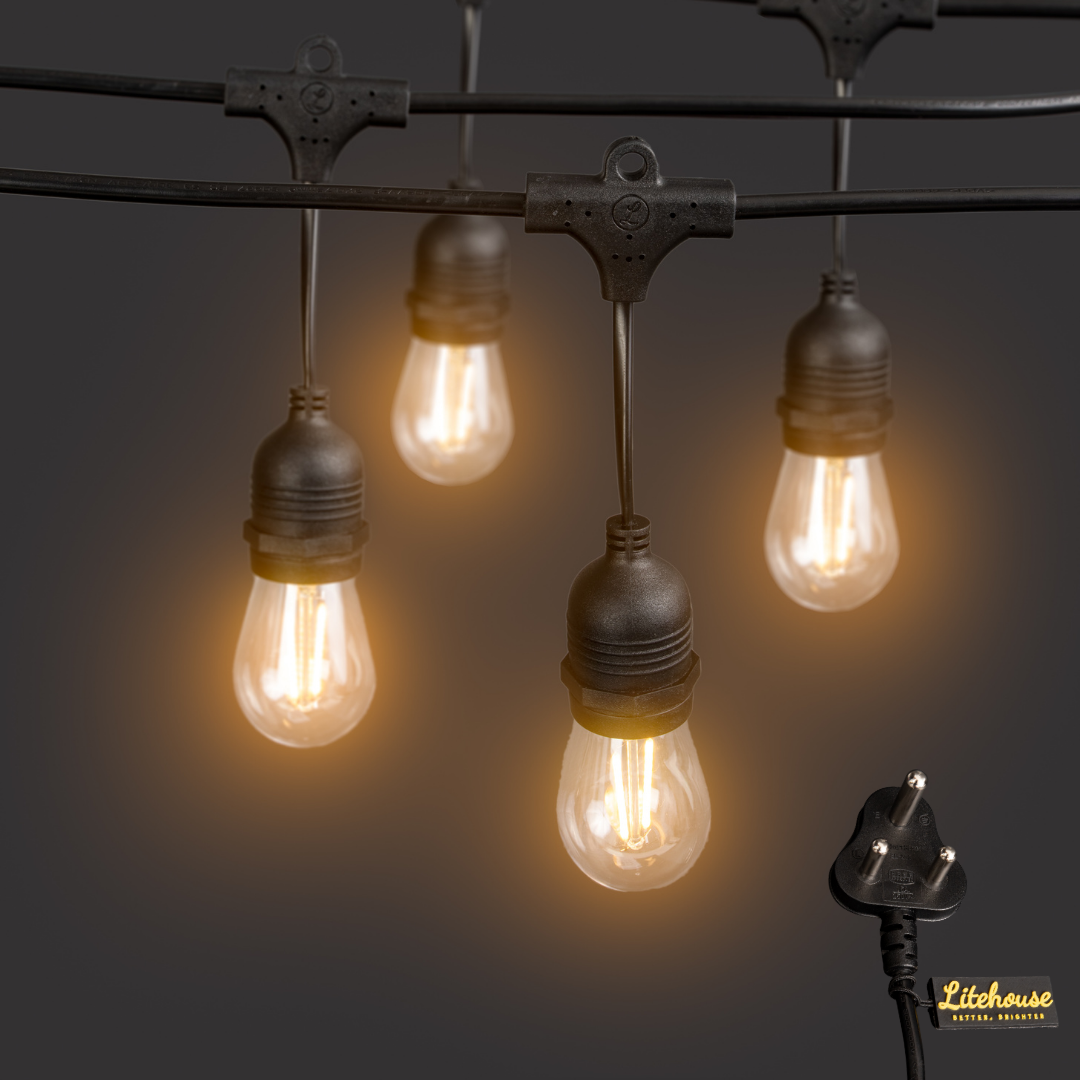 Litehouse 10m LED Festoon Traditional Outdoor Bulb String Lights - 10 Bulbs - Black