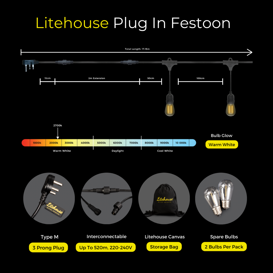 Litehouse LED Festoon Outdoor Bulb String Lights - Traditional Bulb - 220-240V - Black String