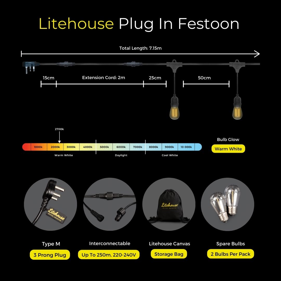Litehouse 50cm Bulb Spacing Festoon Bulb String Lights  - 10 LED Bulbs - 220-240V - 5m - Black