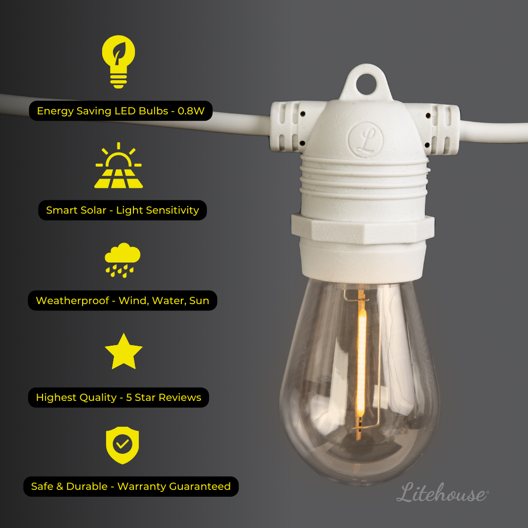 Litehouse Solar LED Festoon Outdoor Bulb String Lights - Traditional Bulb - 5V - White String