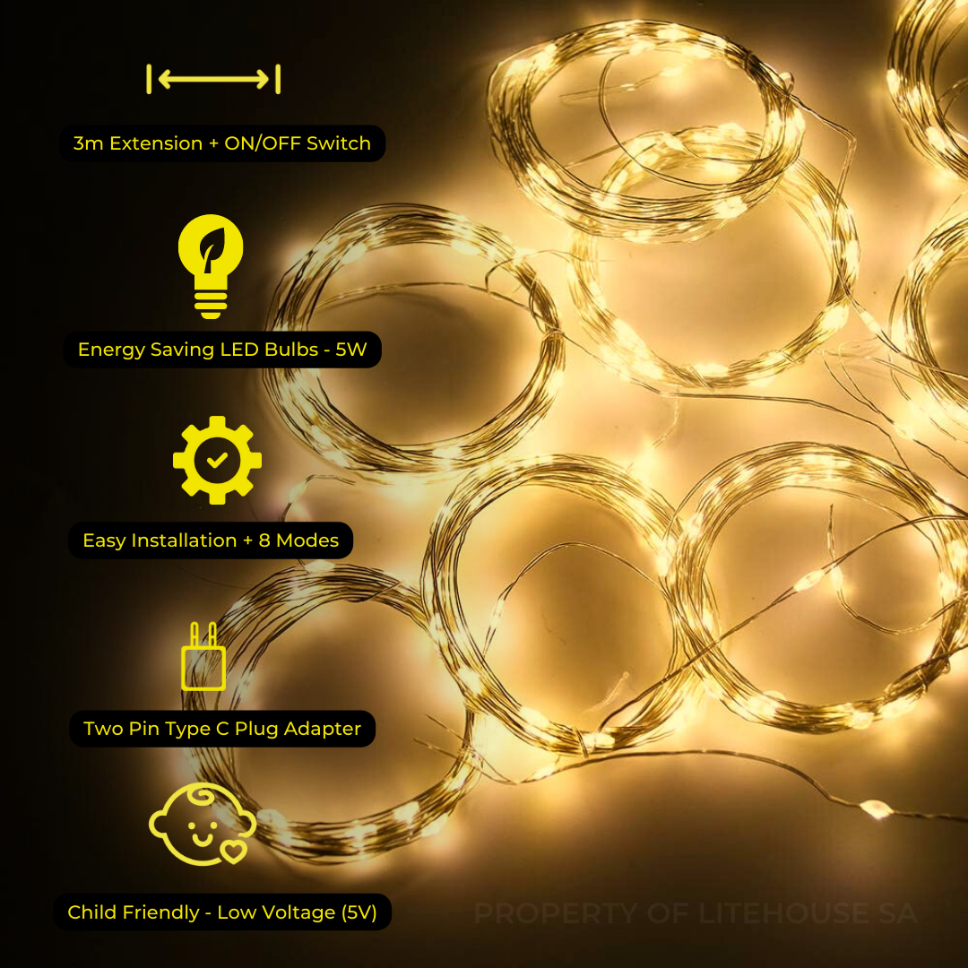Litehouse Copper Wire Curtain Fairy Lights - 3*3m - USB