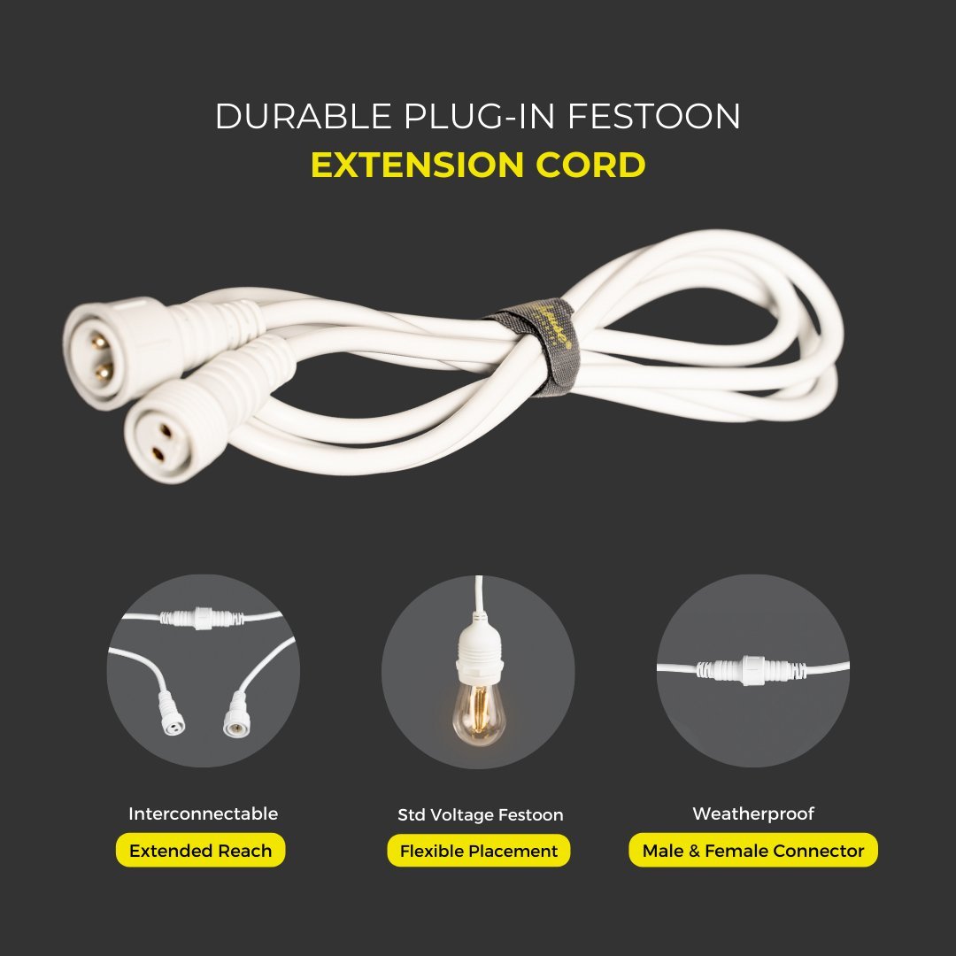 Litehouse 2m Extension Cord Accessory for Plug - In Festoon Bulb String Lights - 220 - 240V, White - Litehouse