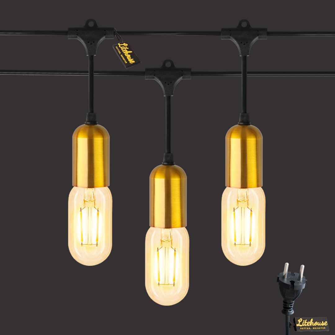 Litehouse Gold Socket Plug - In Festoon Bulb String Light - Modern LED Bulb, Black - Litehouse