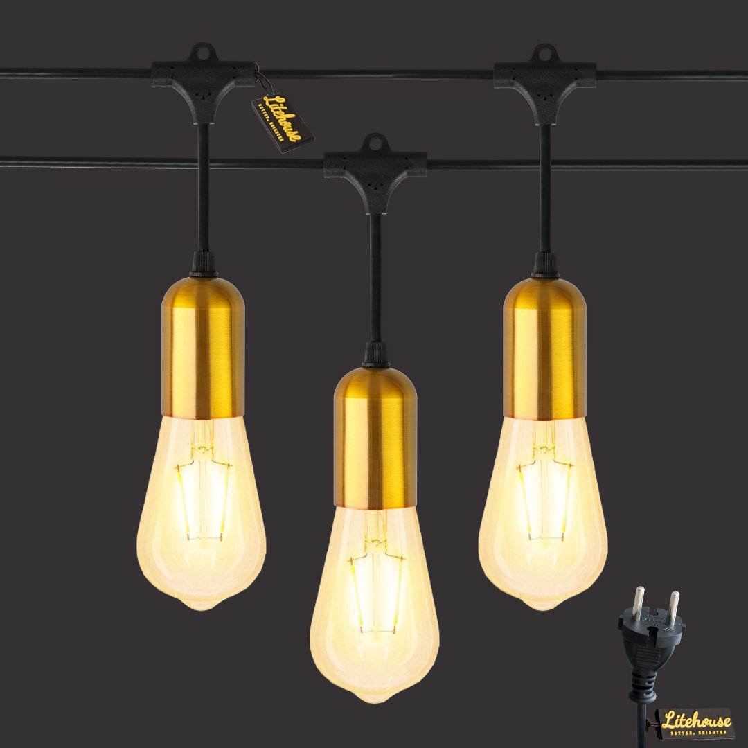 Litehouse Gold Socket Plug - In Festoon Outdoor Bulb String Lights - Vintage LED Bulb, Black - Litehouse