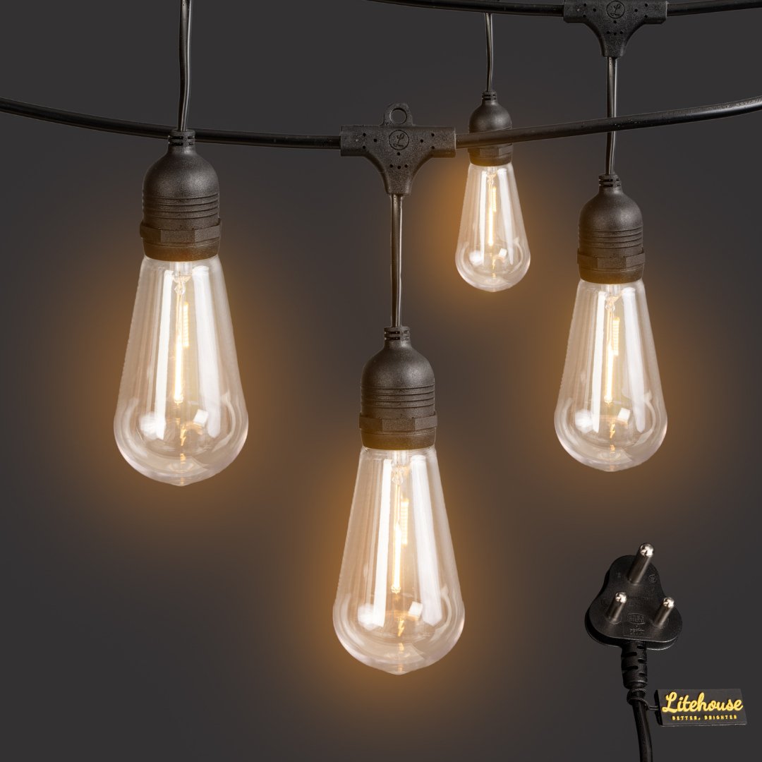 Litehouse Plug - In Festoon Outdoor Bulb String Lights - Vintage LED Bulb, Black - Litehouse