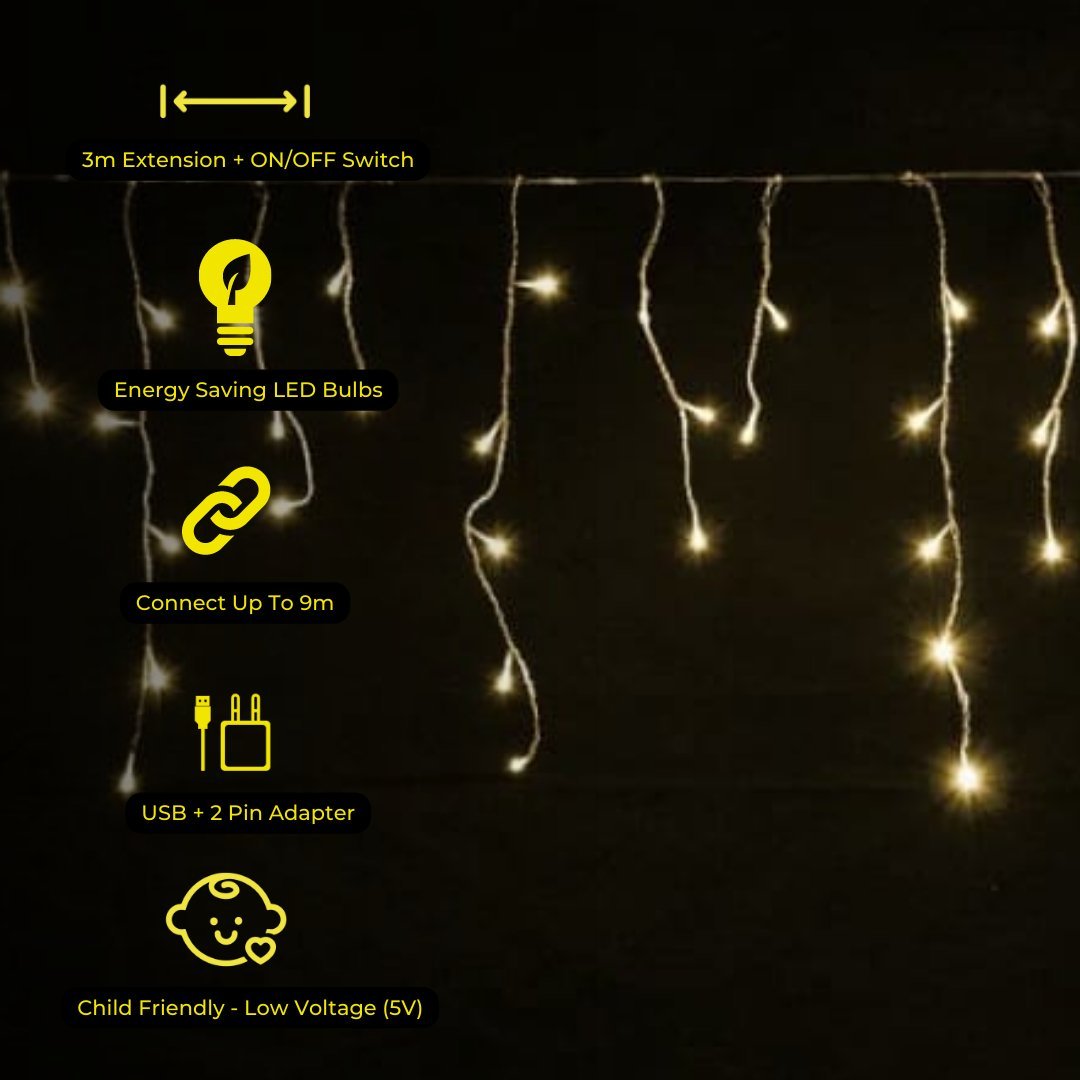 Litehouse USB LED Icicle Curtain LED Fairy Lights - Decorative Lighting - Litehouse