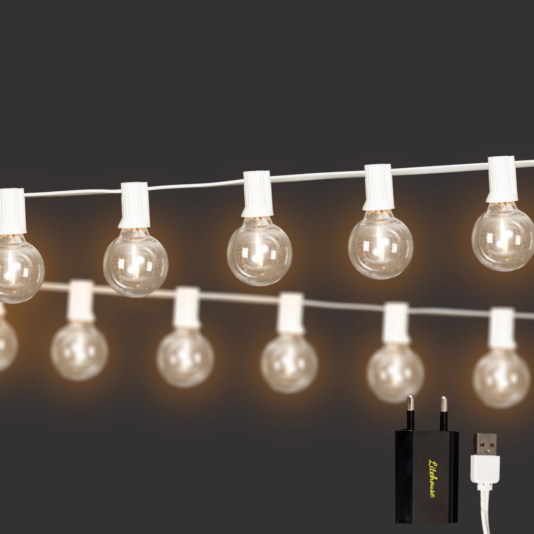 Litehouse USB Mini Bulb String Lights - Classic LED Bulbs, White - Litehouse