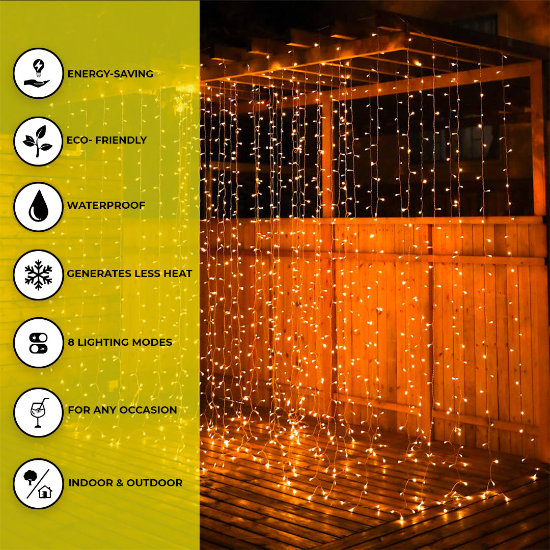 Litehouse 3x3m Copper Wire Curtain Fairy Lights - 300 Warm White LED - Litehouse
