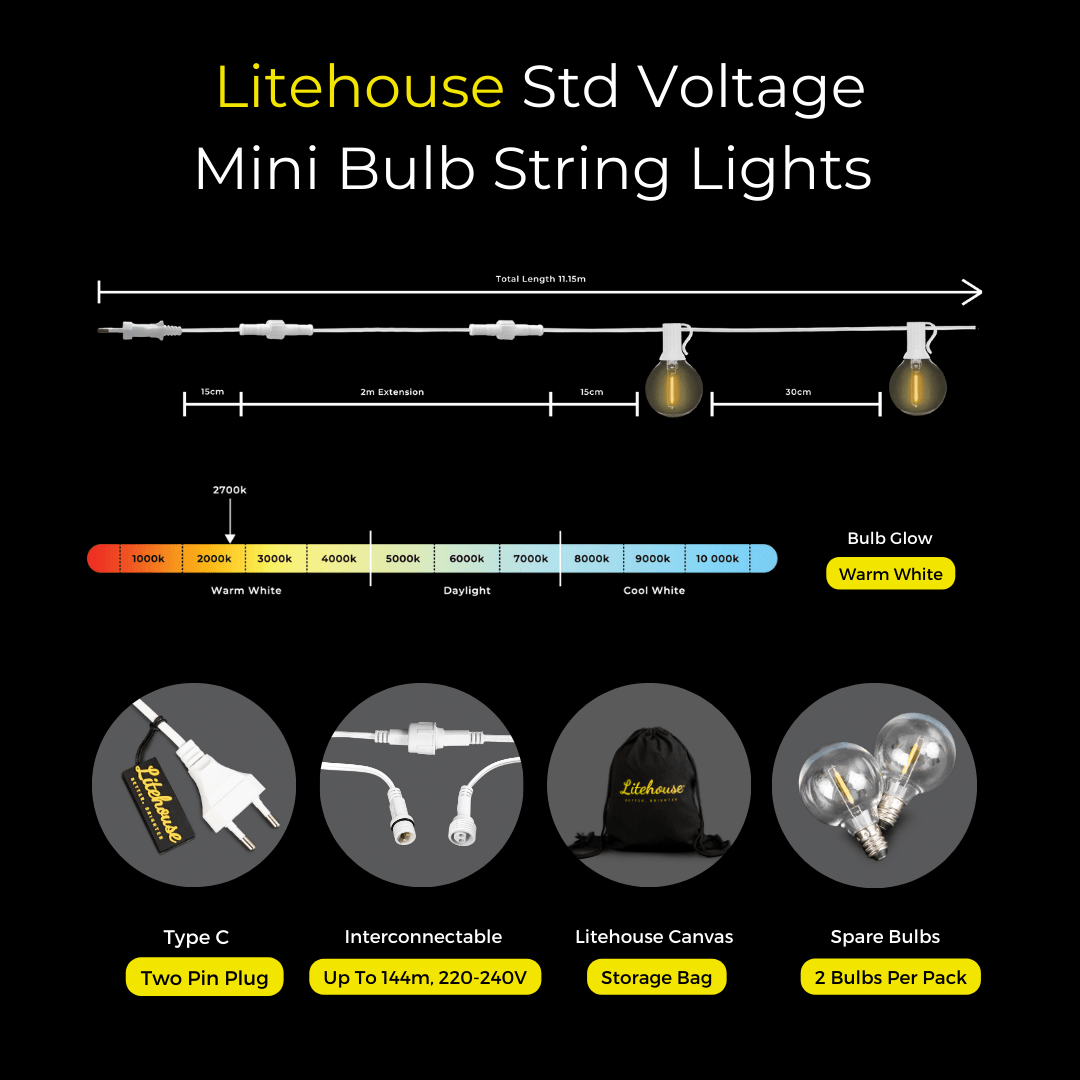 Litehouse 30 LED Classic Bulb String Lights - Std Voltage - 220-240V - White String - Litehouse