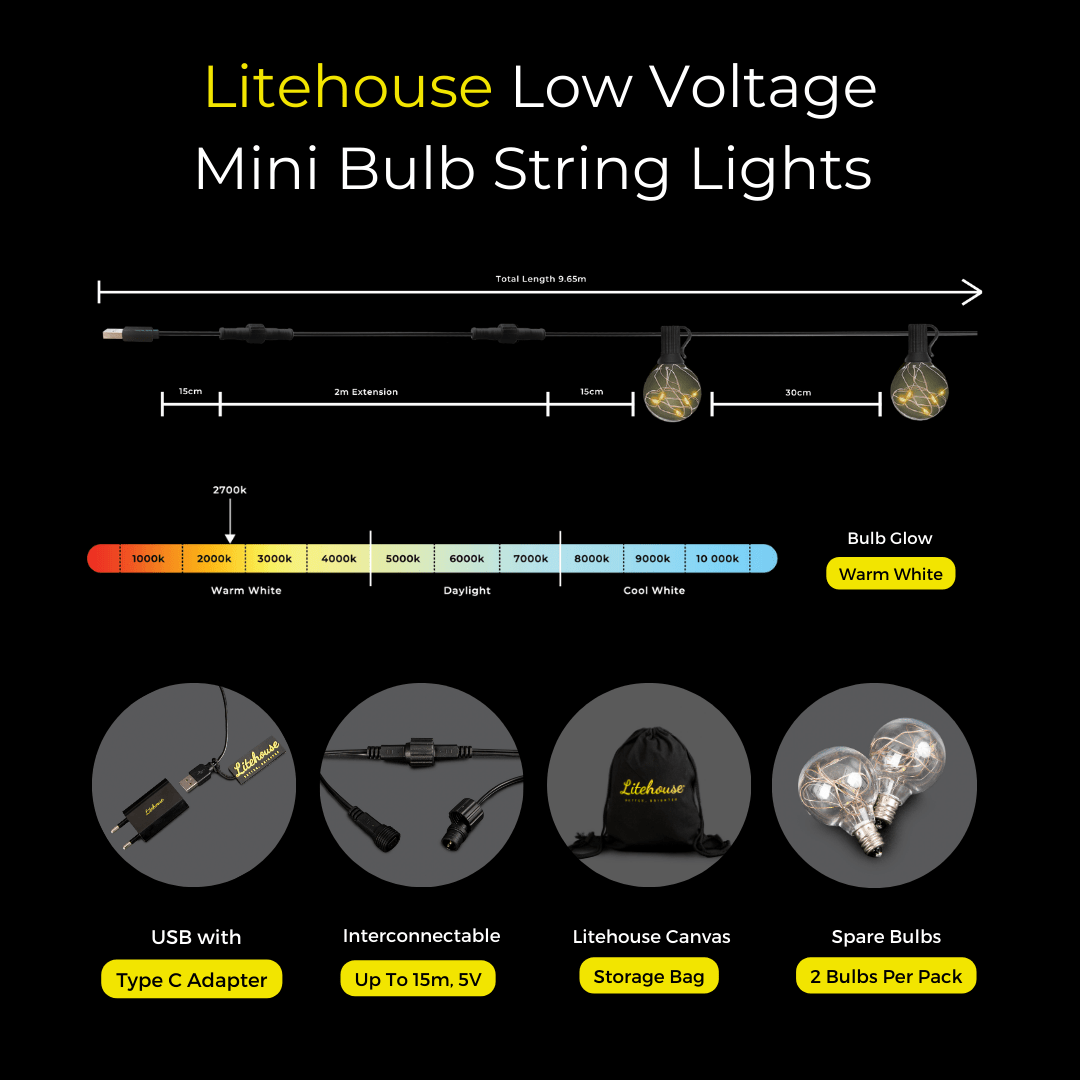 Litehouse Copper Wire LED Classic Bulb String Lights - Low Voltage - 5V - Black String - Litehouse