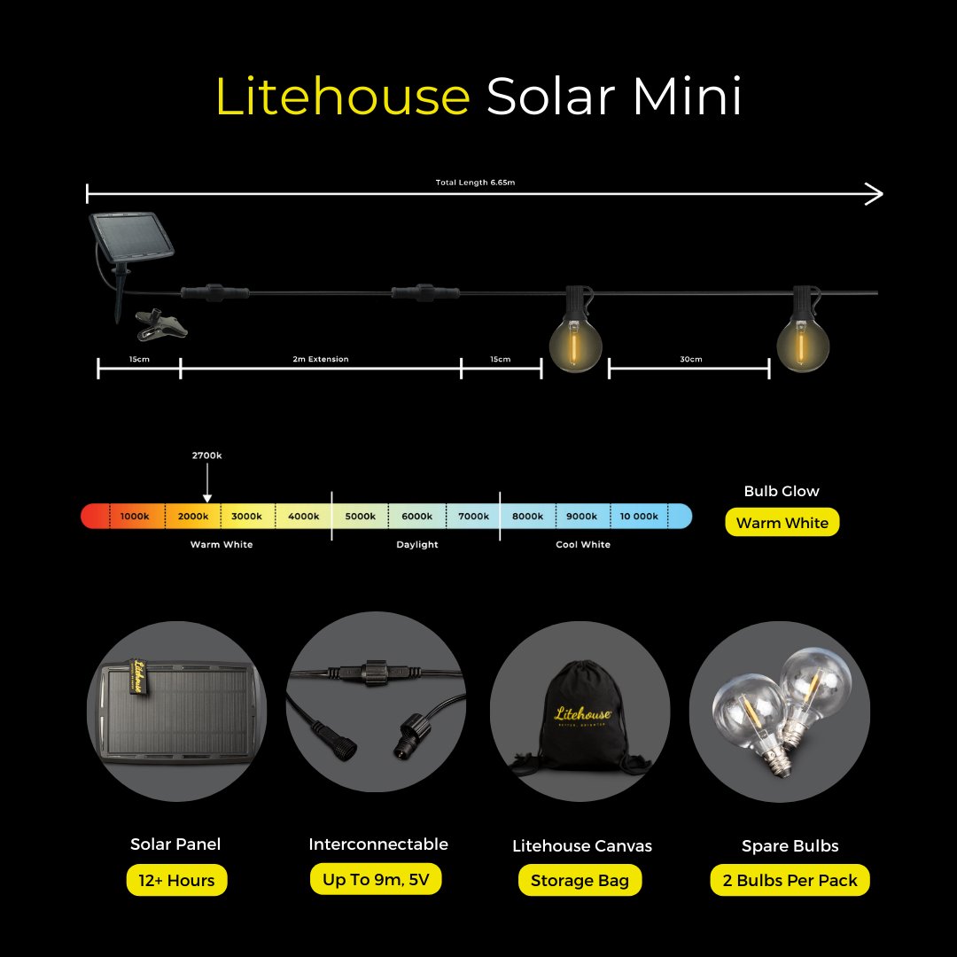 Litehouse Solar LED Mini Outdoor Bulb String Lights - Classic Bulb - 5V - Black String - Litehouse