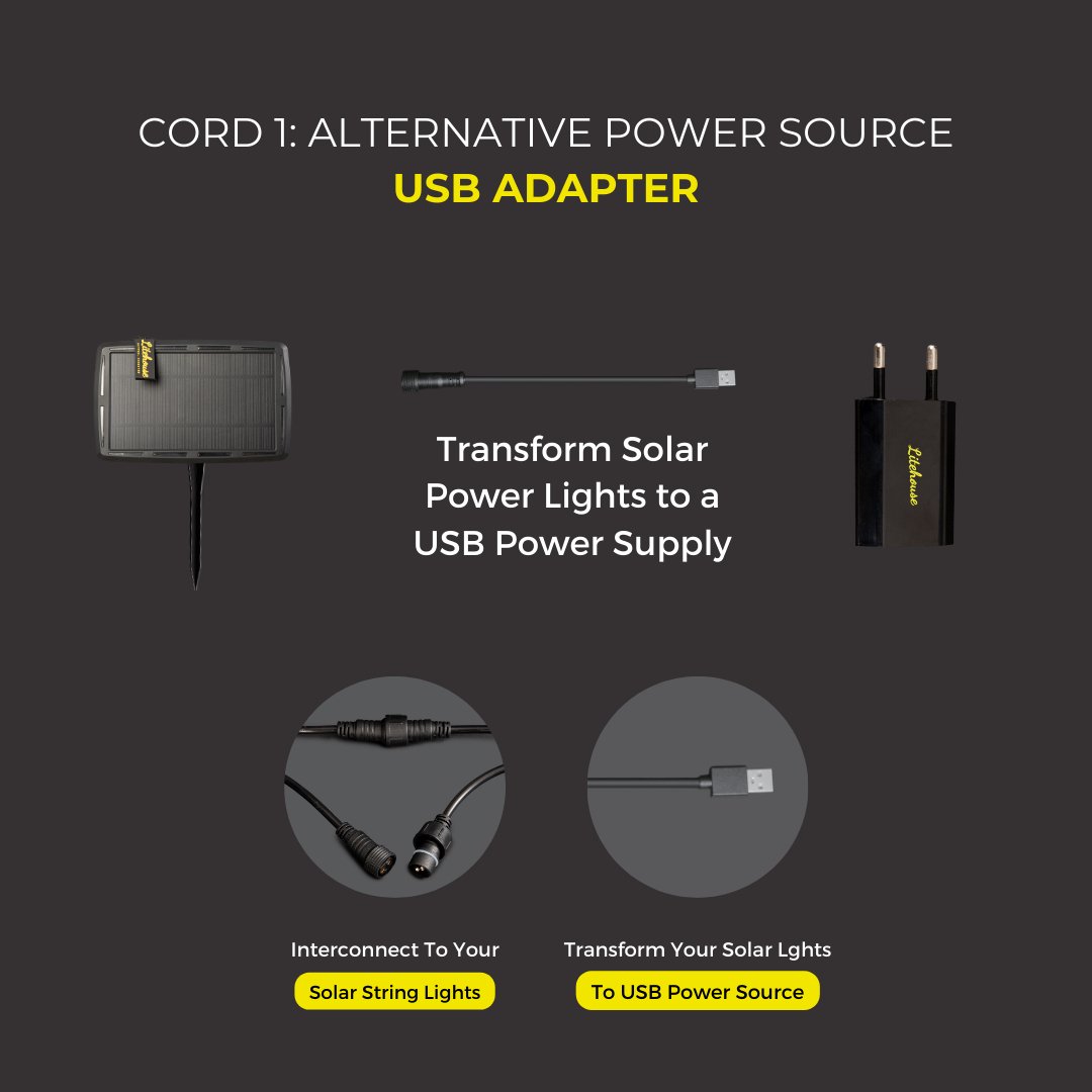 Litehouse USB Adapter Cord Accessory for Solar Festoon Bulb String Lights - 5V - Litehouse